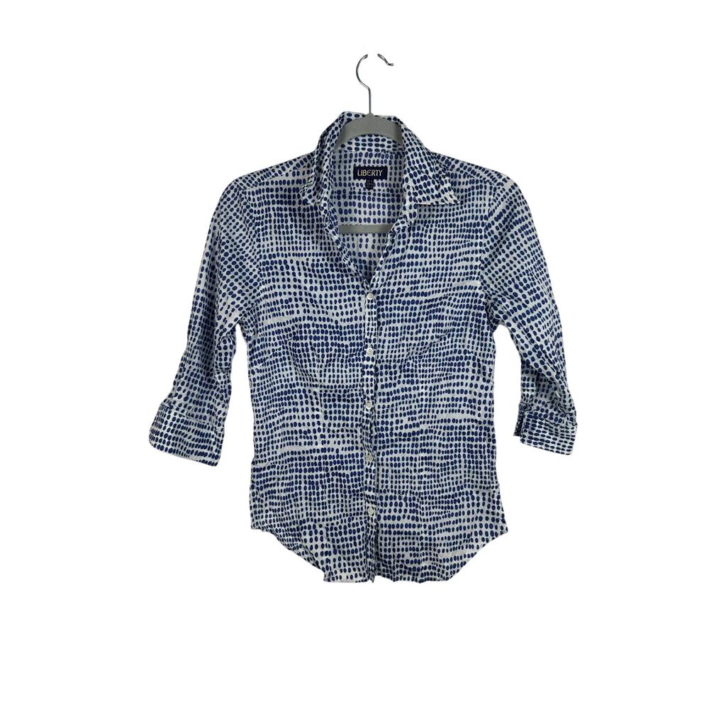 Liberty of London button-front shirt blue white abstract print 3/4 sleeve Size 4